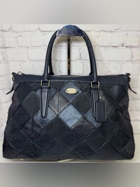Coach Dark Blue Diamond Quilted Patchwork Leather Handbag 14x9x6in Hangtag